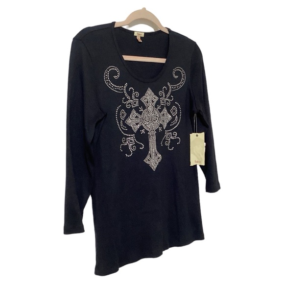 Reba Front & Back Rhinestone Cross Long Sleeves Round Neck Black Tee Shirt Sz LG - Picture 3 of 11